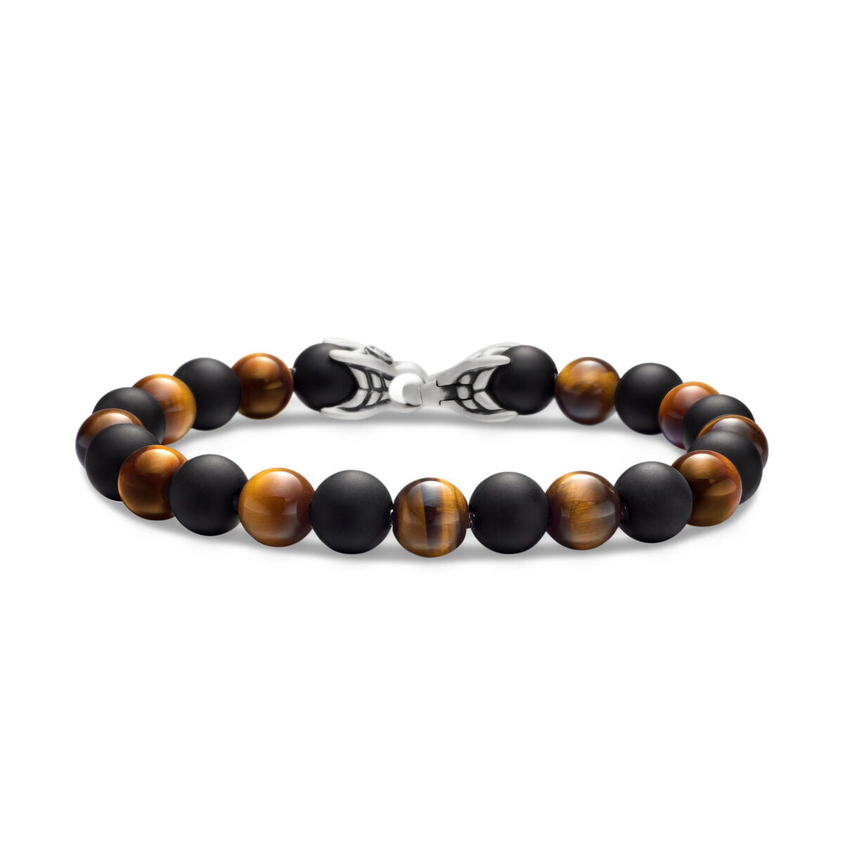 David Yurman Sterling Silver Alternating Tiger Eye and Black Onyx Bead Bracelet