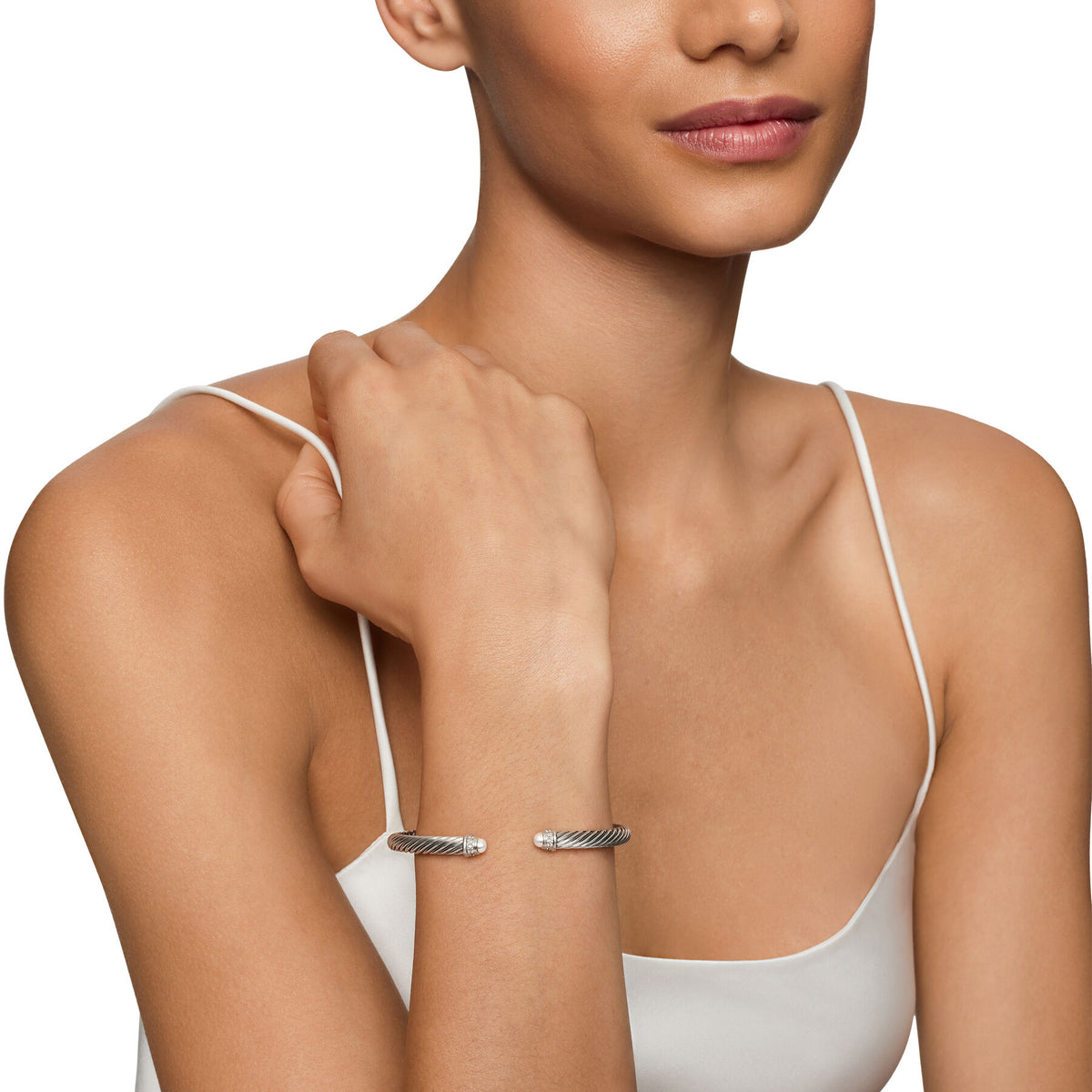David Yurman Sterling Silver Classic Cable Pearl Bracelet with Diamonds