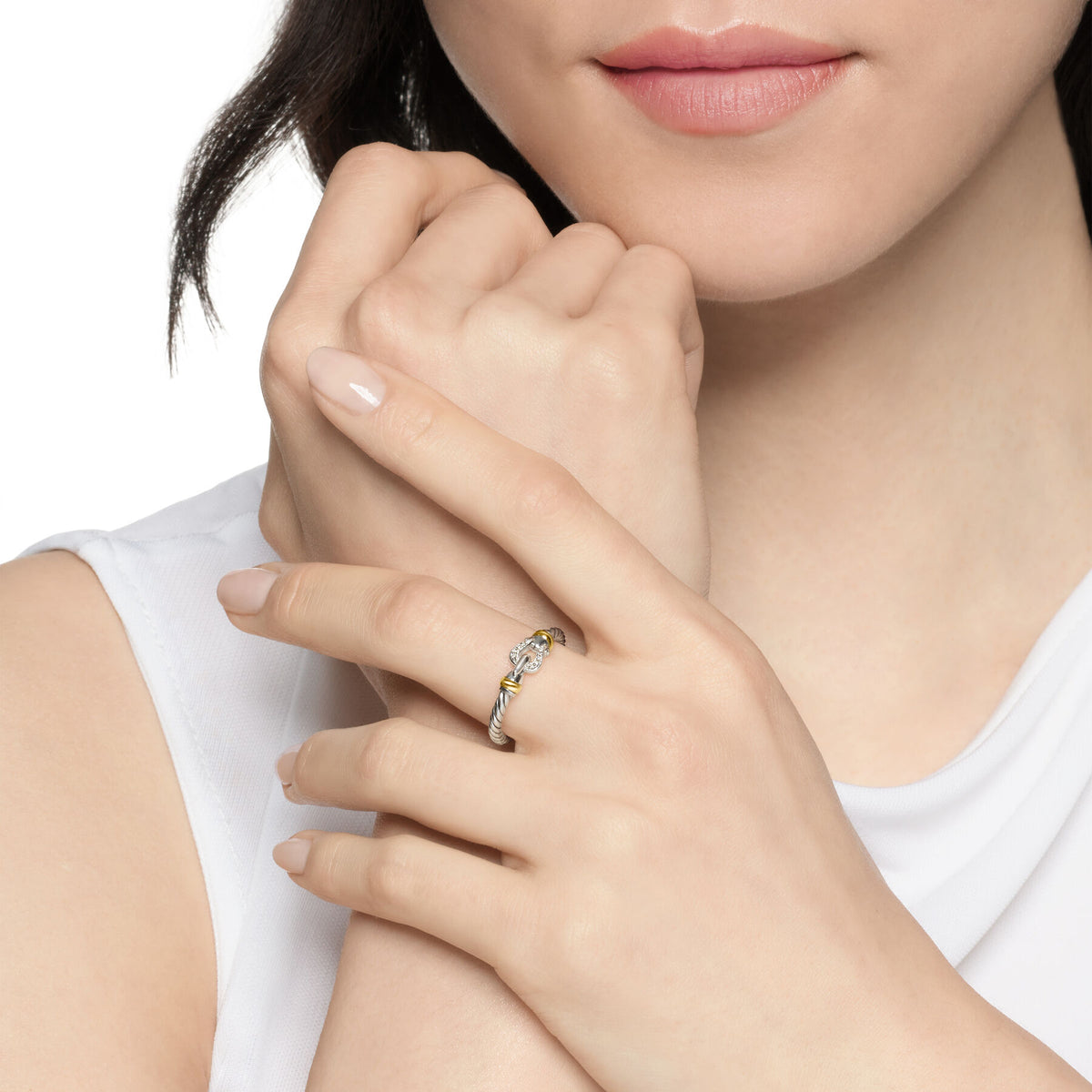 David Yurman Sterling Silver and Yellow Gold Petite Buckle Ring with Diamonds