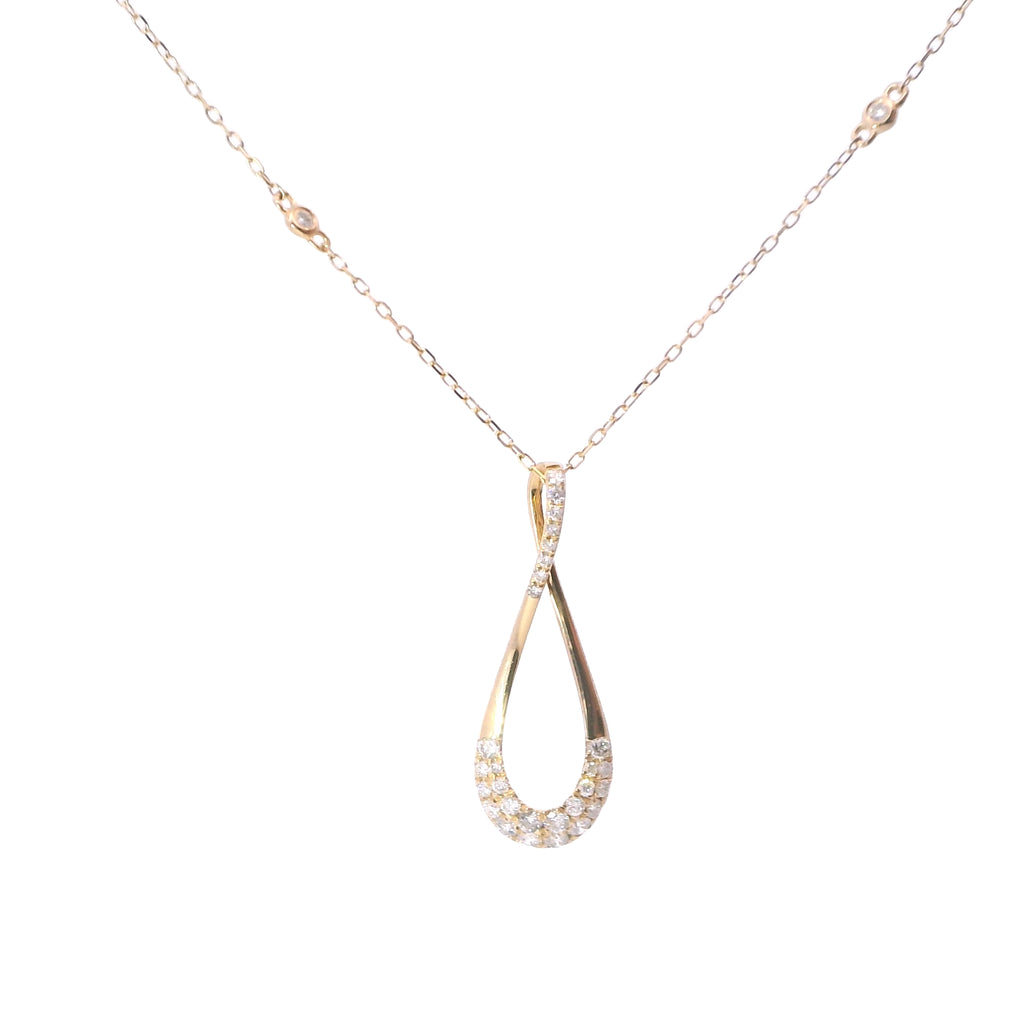 Yellow Gold Long Infinity Diamond Pave Pendant and Bezel Diamond Station Chain Necklace