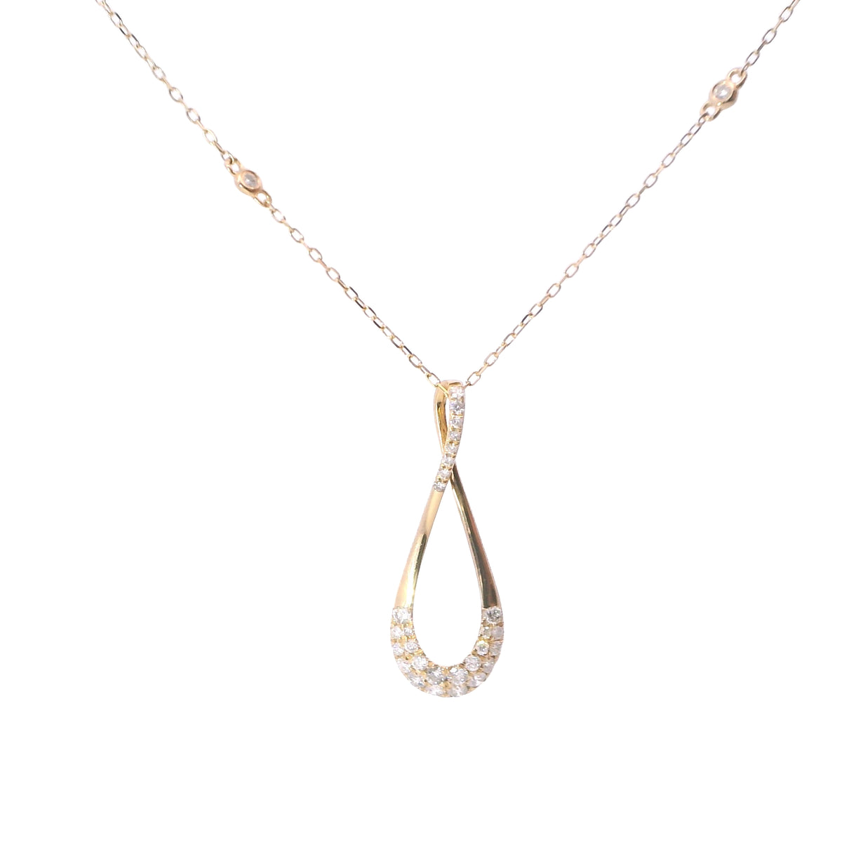 Yellow Gold Long Infinity Diamond Pave Pendant and Bezel Diamond Station Chain Necklace