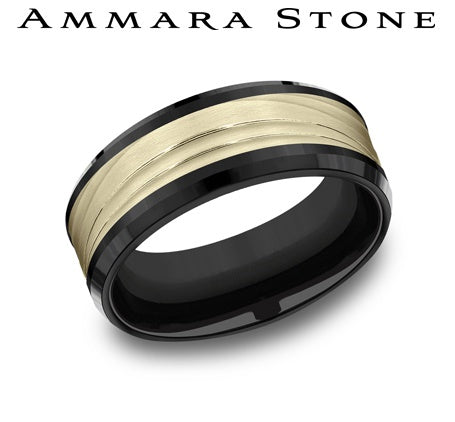 Ammara Stone Yellow Gold and Black Titanium Bevel Edge Triple Wave Center Wedding Band