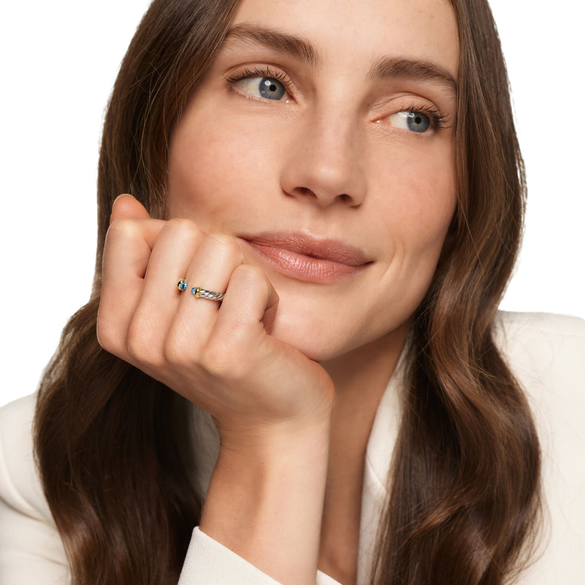 David Yurman Silver and Yellow Gold Petite Cable Blue Topaz Open Ring