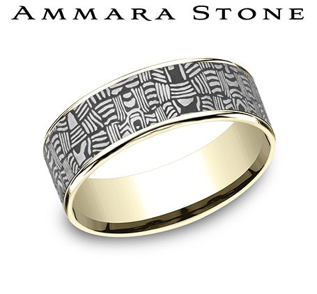 Ammara Stone Yellow Gold and Dark Tantalum Comfort Fit Tamascus Basket Weave Dark Center Thin Polished Edge Wedding Band