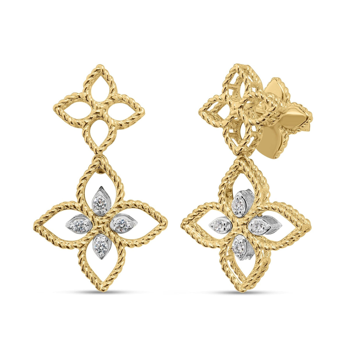 Roberto Coin Yellow Gold Princess Flower Open Frame Diamond Drop Stud Earrings