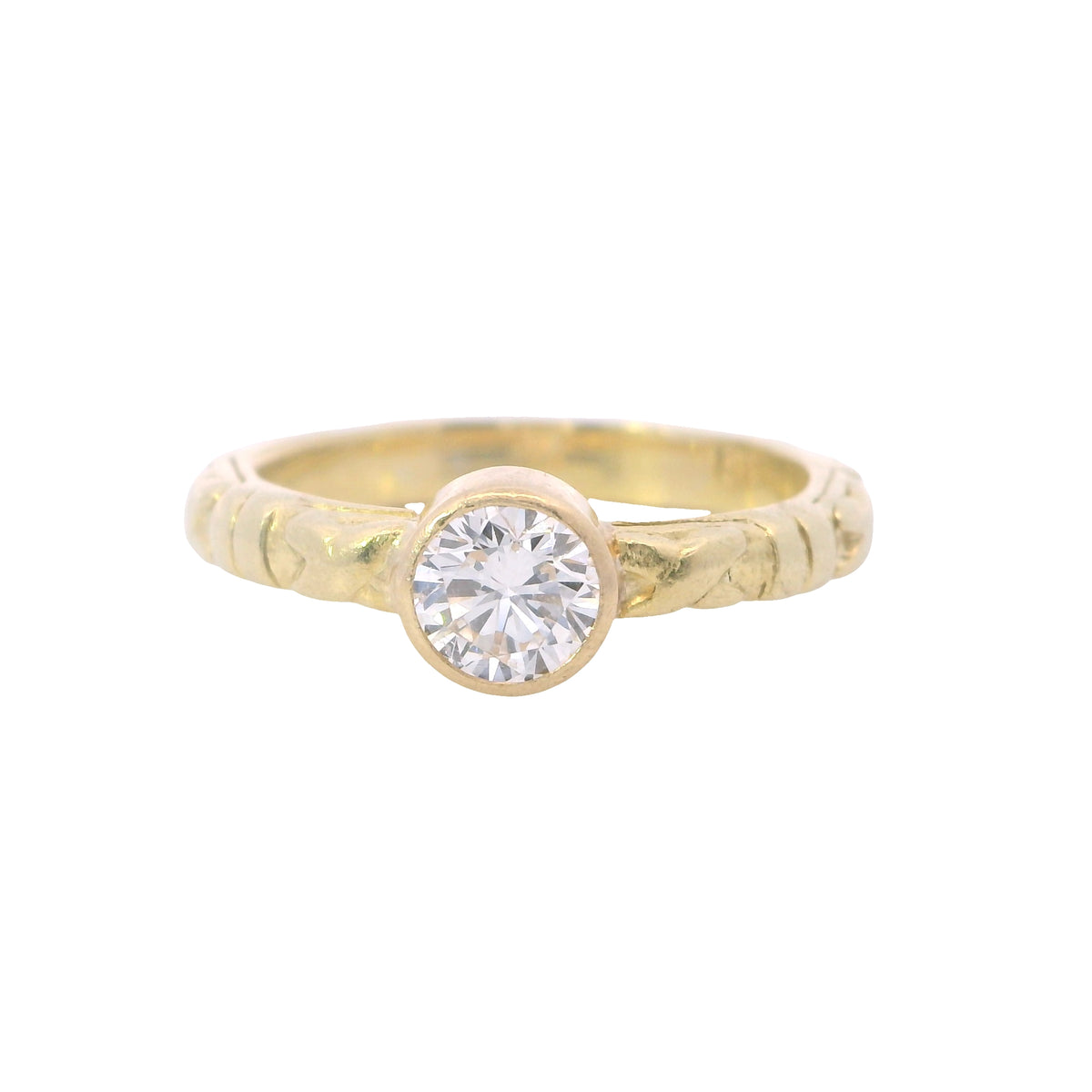 Estate Yellow Gold Diamond Bezel Engraved Band Ring