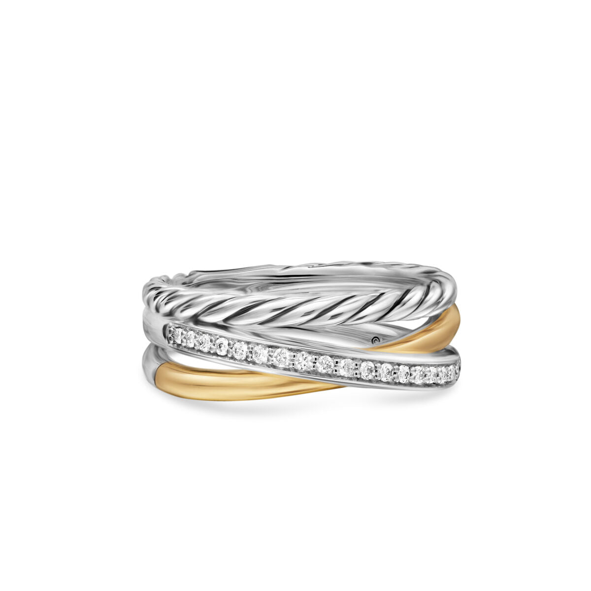 David Yurman Sterling Silver and Yellow Gold Crossover 3-Row Ring with Diamonds