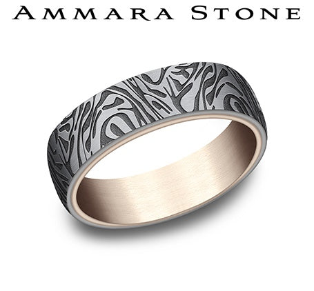 Ammara Stone Rose Gold and Grey Tantalum Mokume Pattern Wedding Band