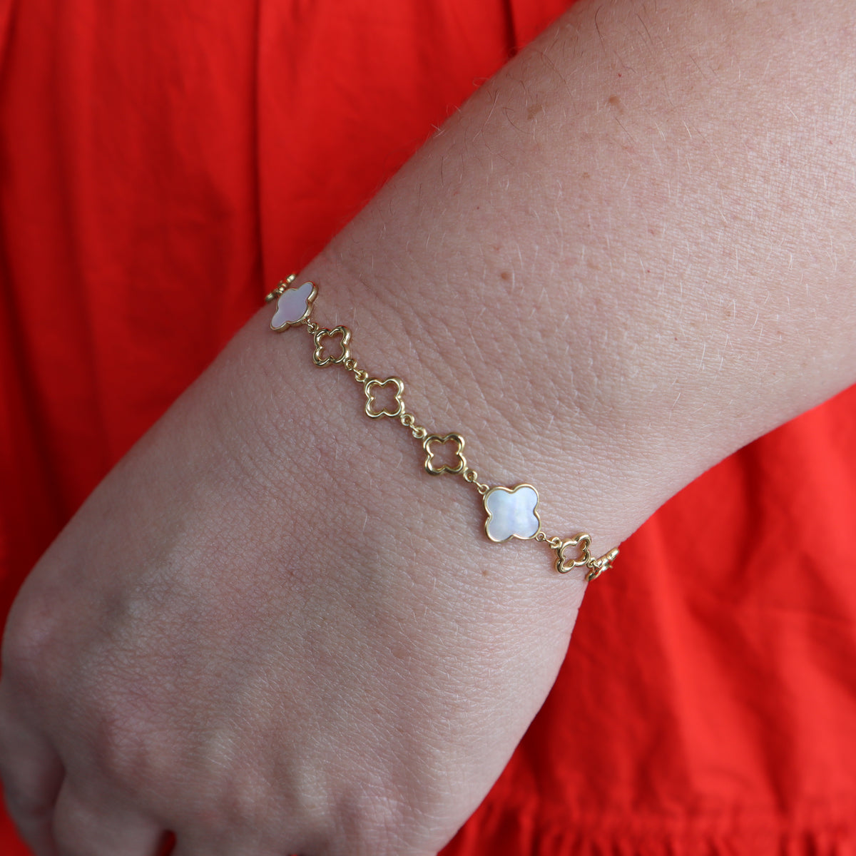 Yellow Gold Plated Sterling Silver Open and Mother of Pearl Quatrefoil Station Bracelet