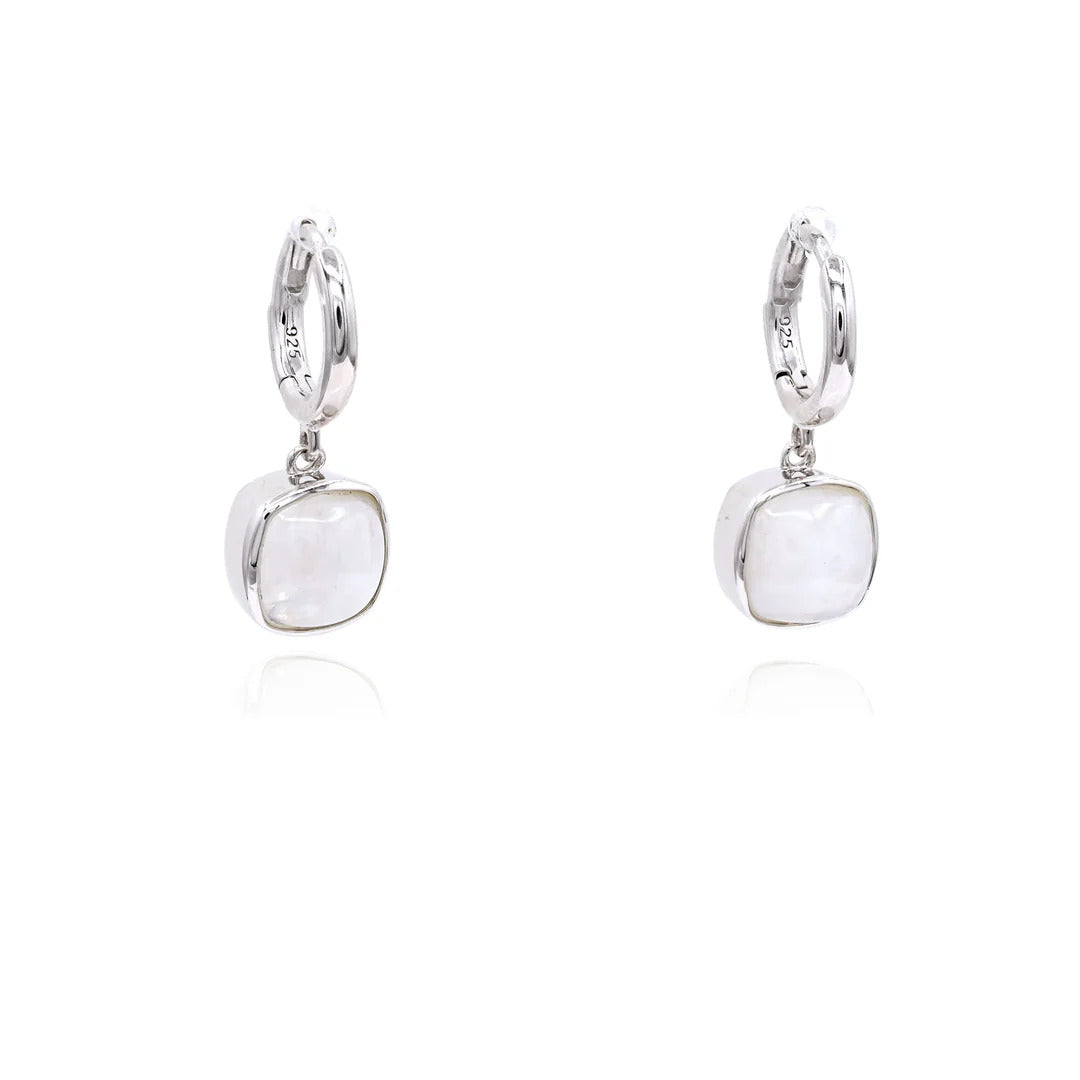 Sterling Silver Cushion Moonstone Huggie Hoop Dangle Earrings