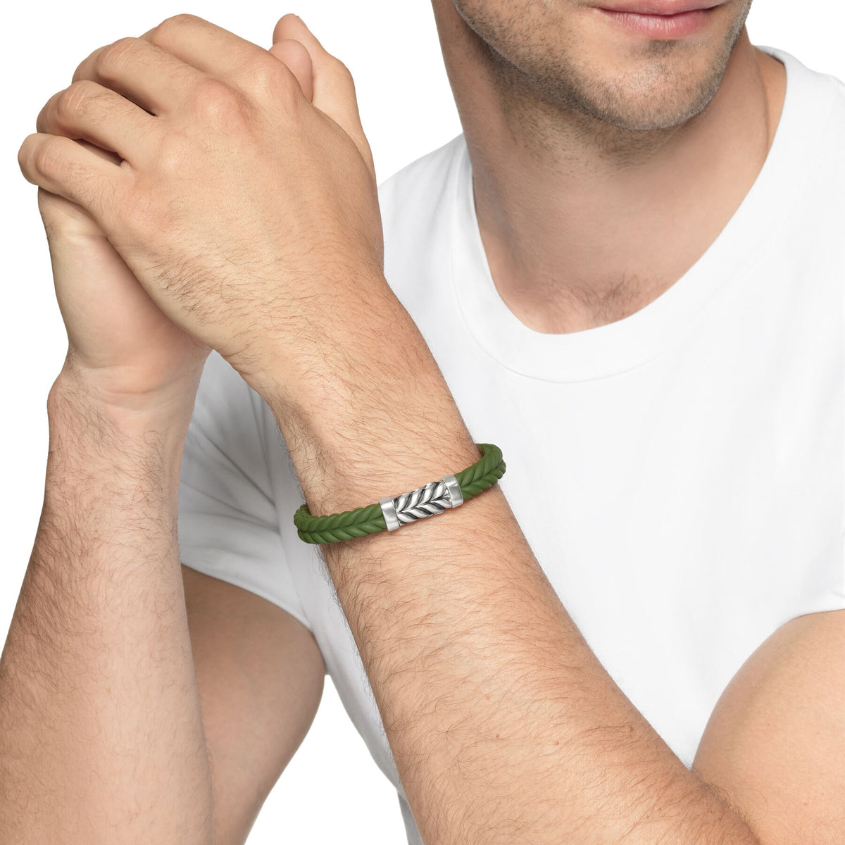 David Yurman Sterling Silver Hunter Green Chevron Rubber Bracelet