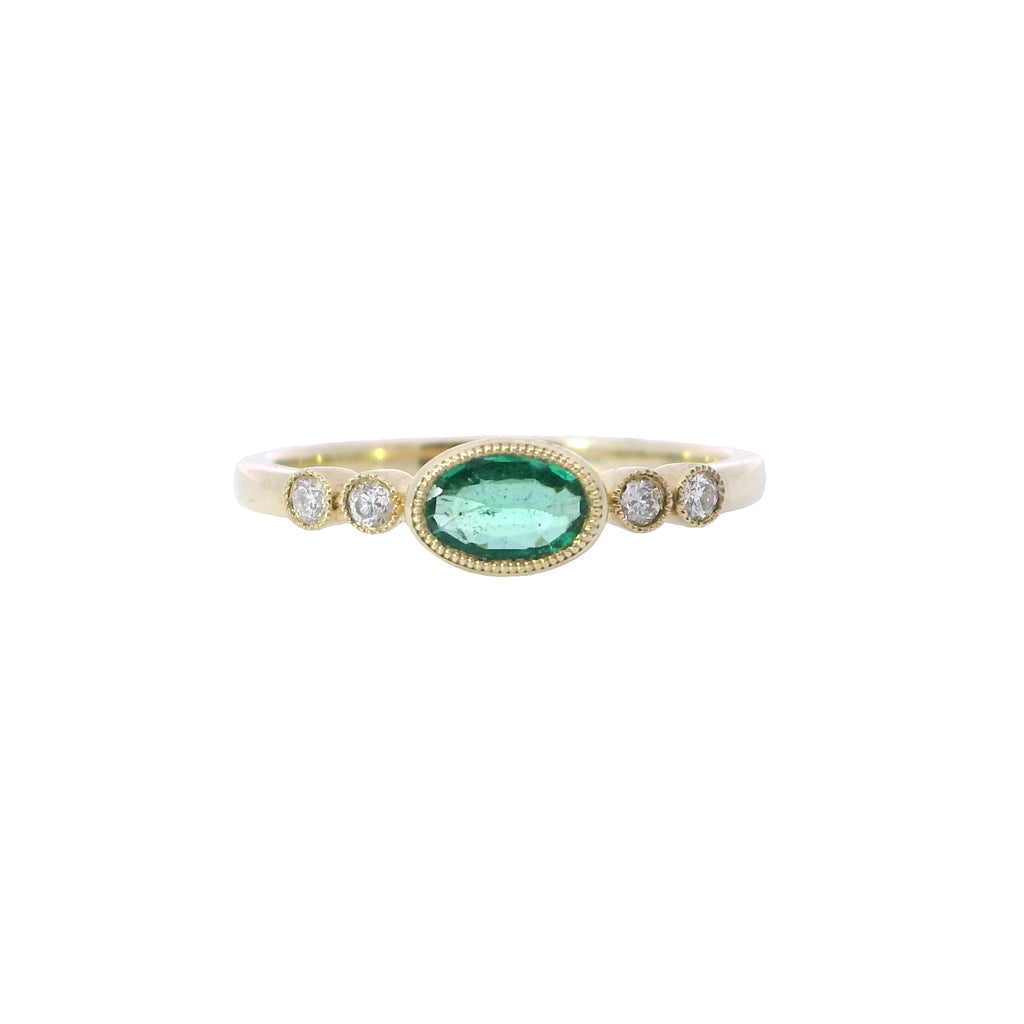 Yellow Gold Milgrain Bezel Emerald and Diamond Fashion Ring