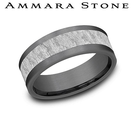 Ammara Stone White Gold and Grey Tantalum Comfort Fit Lava Rock Center Grey Straight Edge Wedding Band