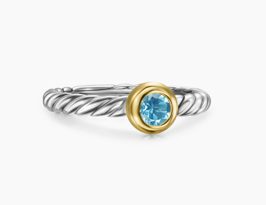 David Yurman Sterling Silver and 14 Karat Yellow Gold 2.8 mm Blue Topaz Modern Cable Stone Ring