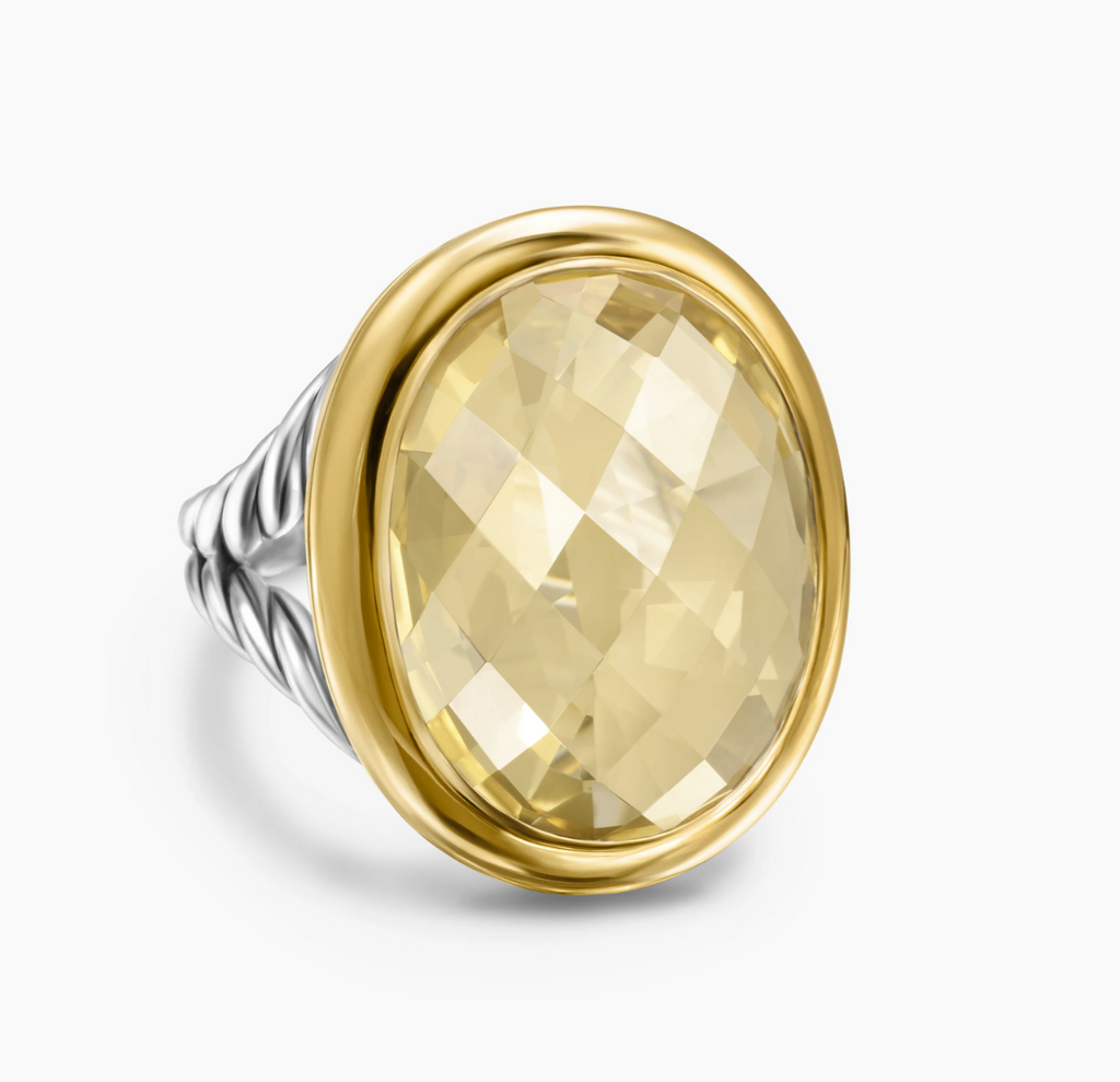 David Yurman Sterling Silver and 18 Karat Yellow Gold 24.5x21 mm Champagne Citrine Albion Oval Ring