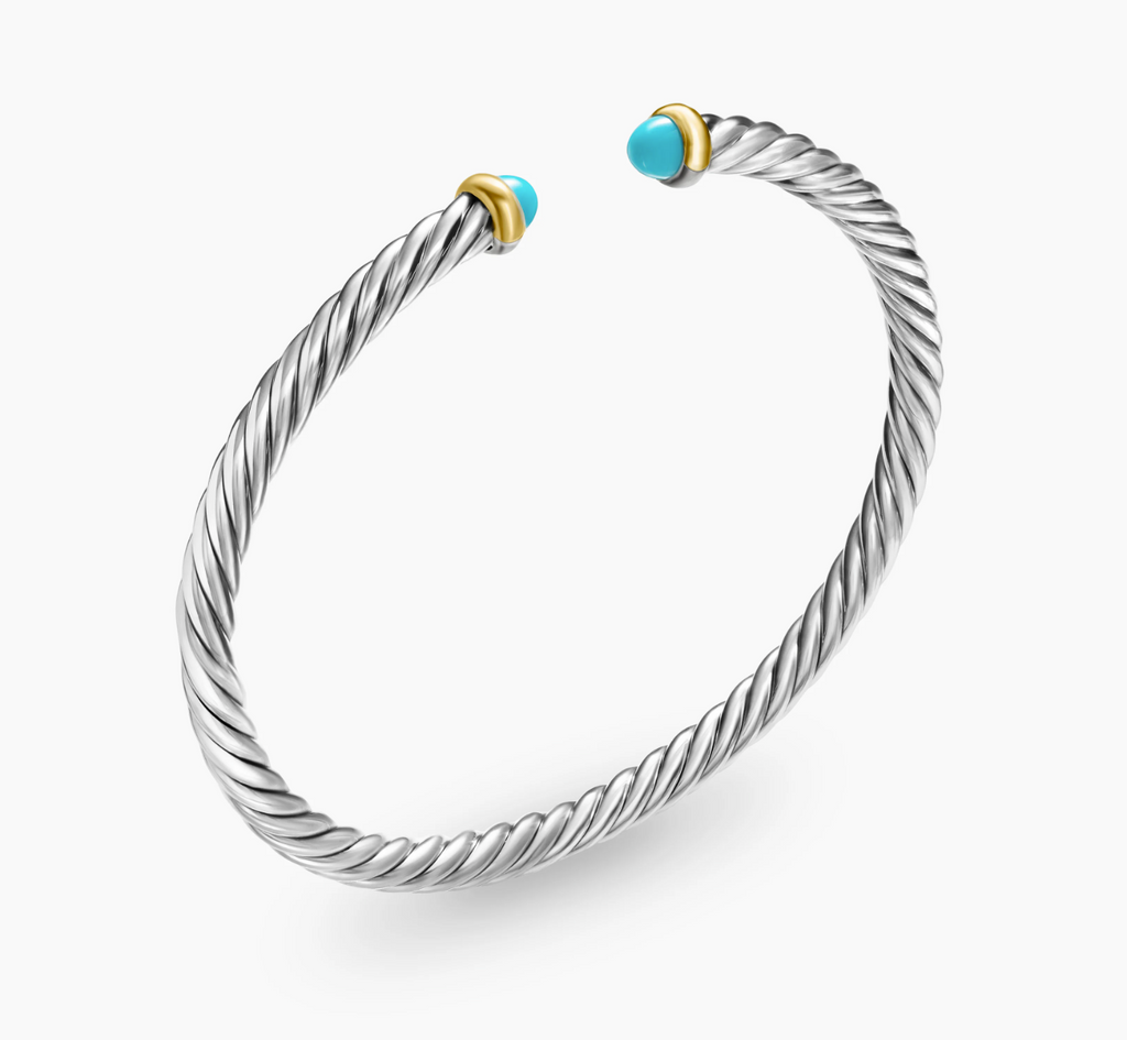 David Yurman Sterling Silver and 14 Karat Yellow Gold 4 mm Turquoise Cable Flex Bracelet