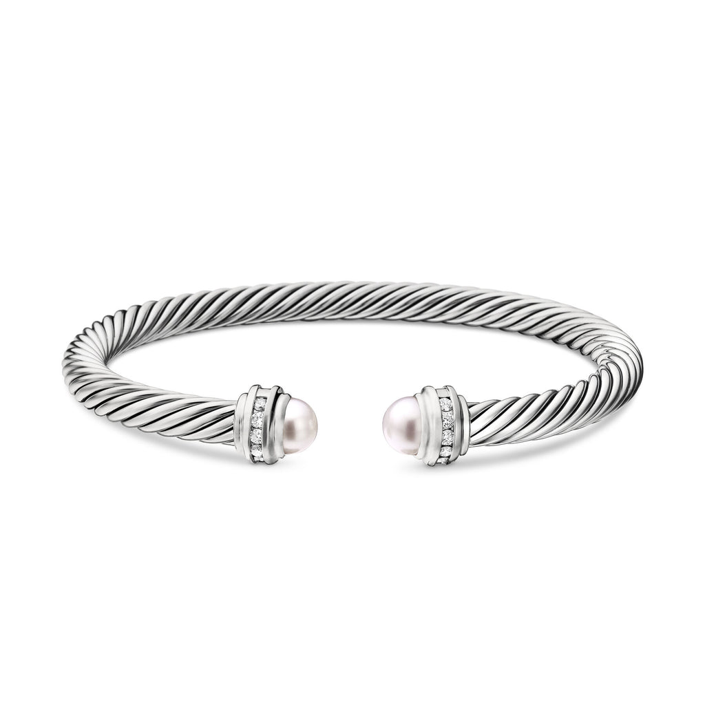 David Yurman Sterling Silver Pearl Classic Cable Bracelet with Diamonds