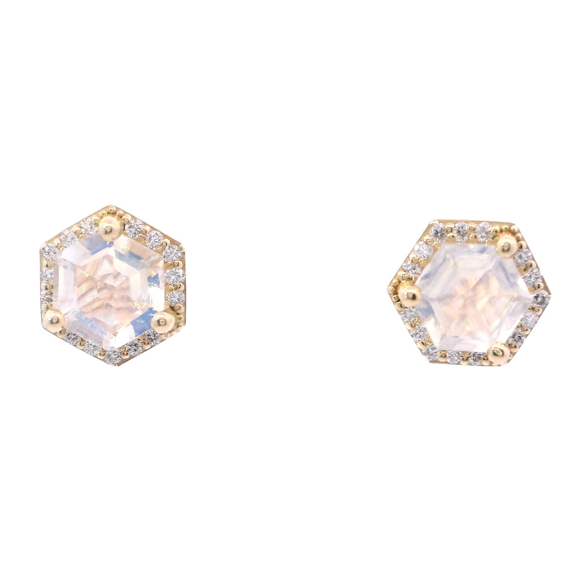 Yellow Gold 5 mm Diamond Halo Hexagon Moonstone Stud Earrings