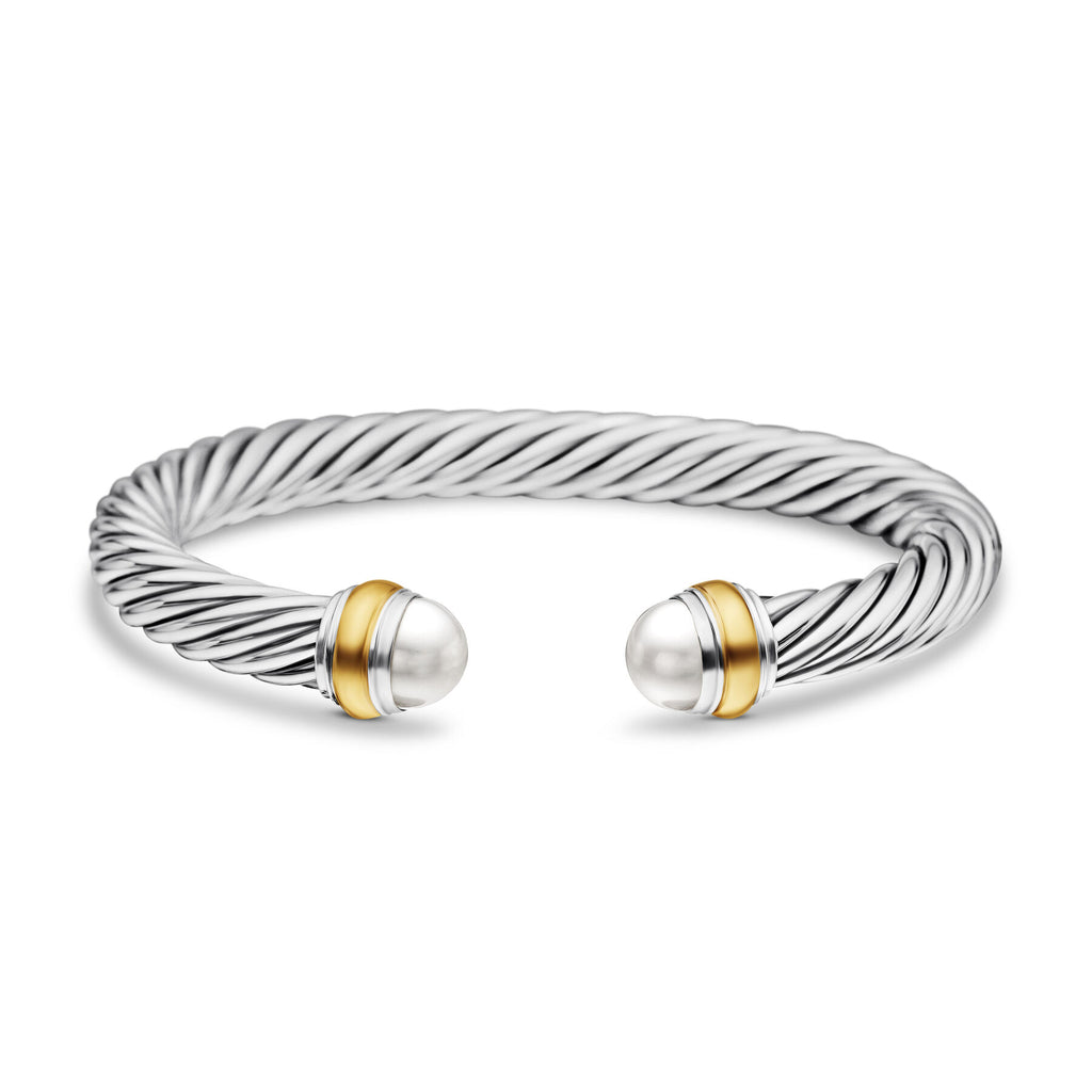 David Yurman Sterling Silver and Yellow Gold Classic Cable Pearl Bracelet