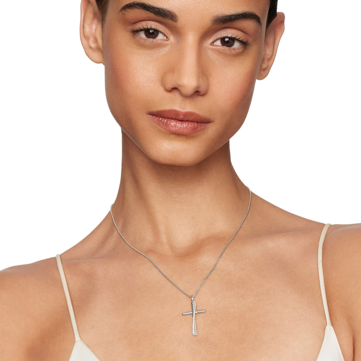 David Yurman Sterling Silver Cross Crossover Necklace with Diamonds