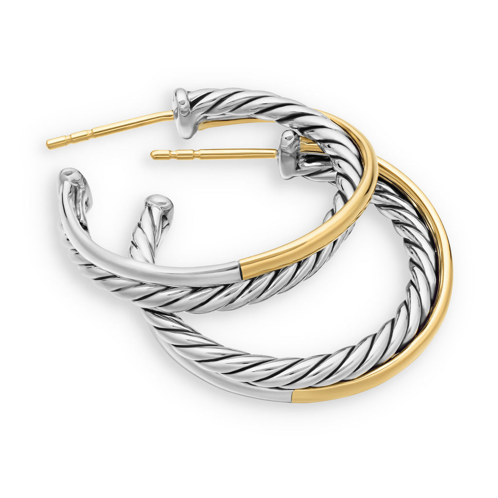 David Yurman Sterling Silver and Yellow Gold Crossover Hoop Earrings