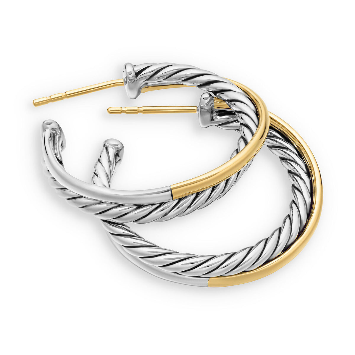 David Yurman Sterling Silver and Yellow Gold Crossover Hoop Earrings