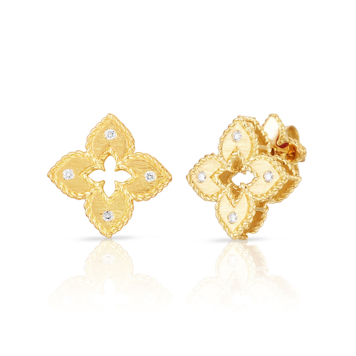 Roberto Coin Yellow Gold Petite Venetian Princess Diamond Satin Finish Small Flower Stud Earrings