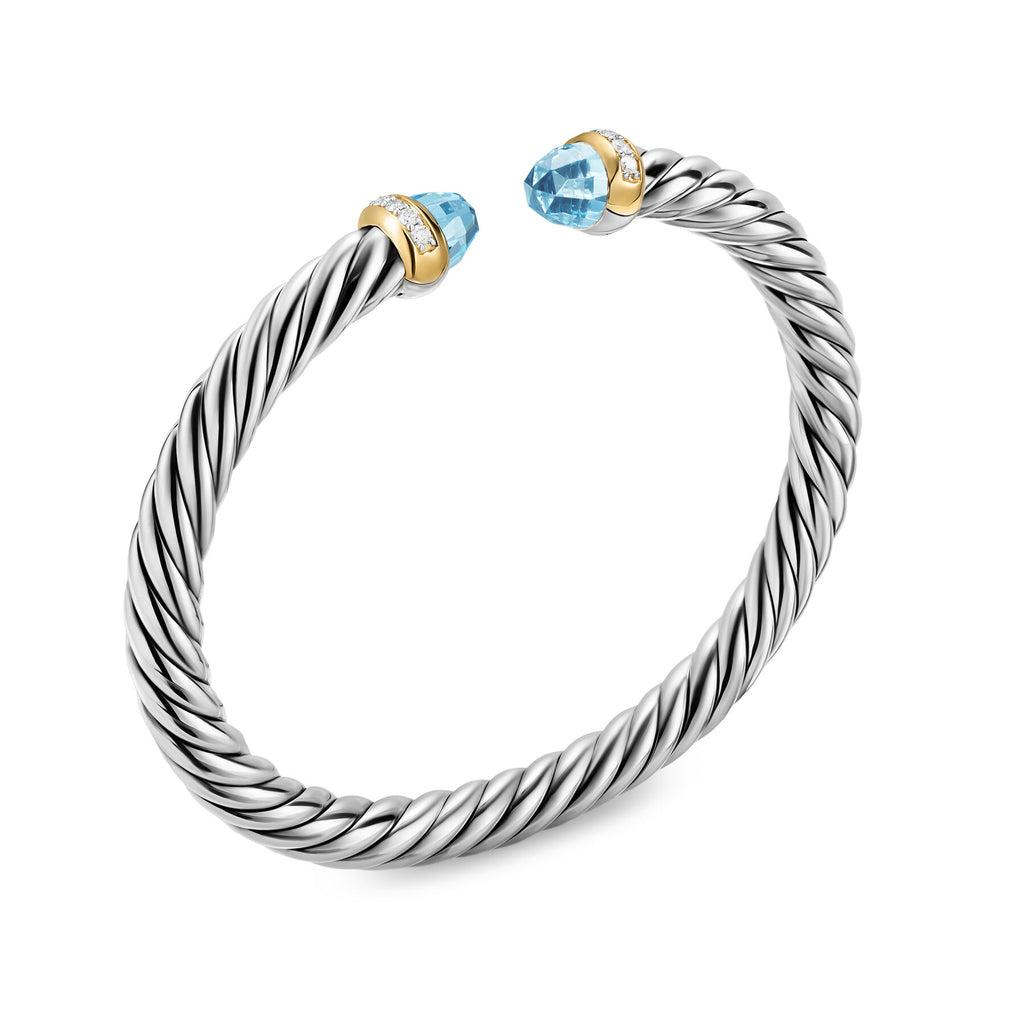 David Yurman Sterling Silver and Yellow Gold 6 mm Cable Flex Sky Blue Topaz Bracelet