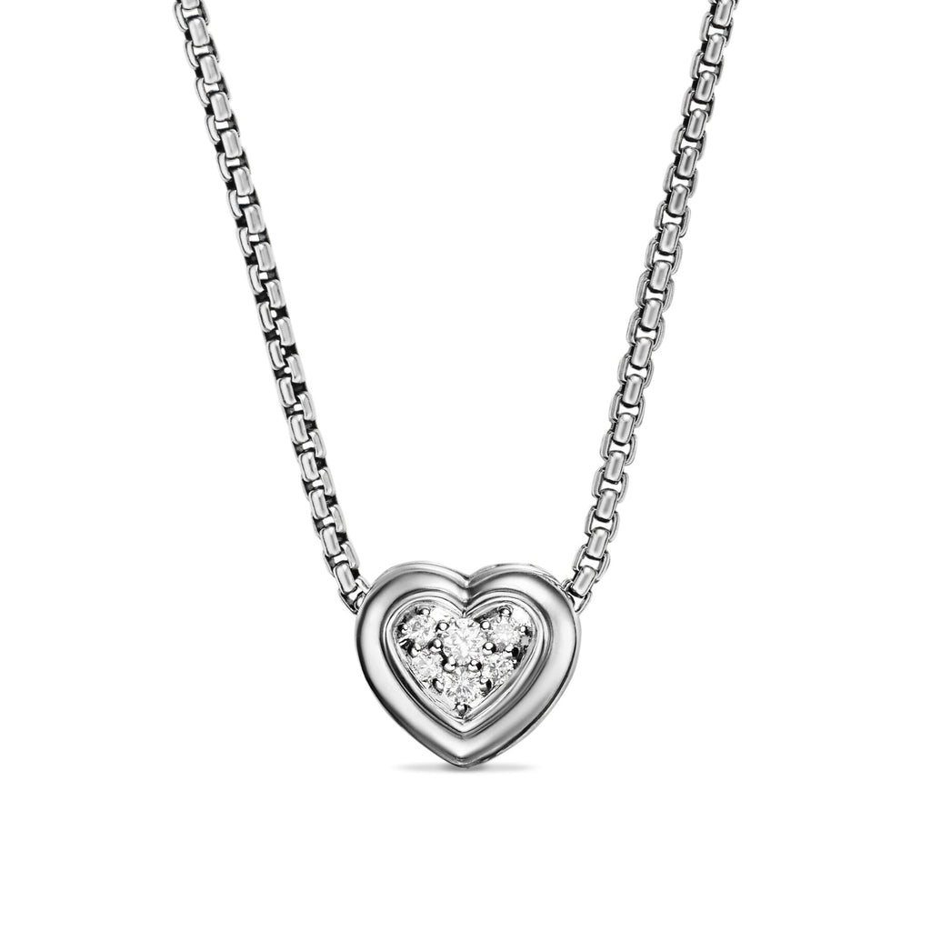 David Yurman Sterling Silver Puffy Heart Diamond Pendant Necklace