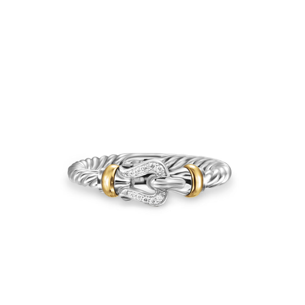 Sterling Silver and Yellow Gold Petite Buckle Ring with Diamonds - David Yurman