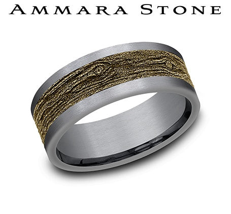 Ammara Stone Yellow Gold and Black Tantalum Wood Design Center Wedding Band