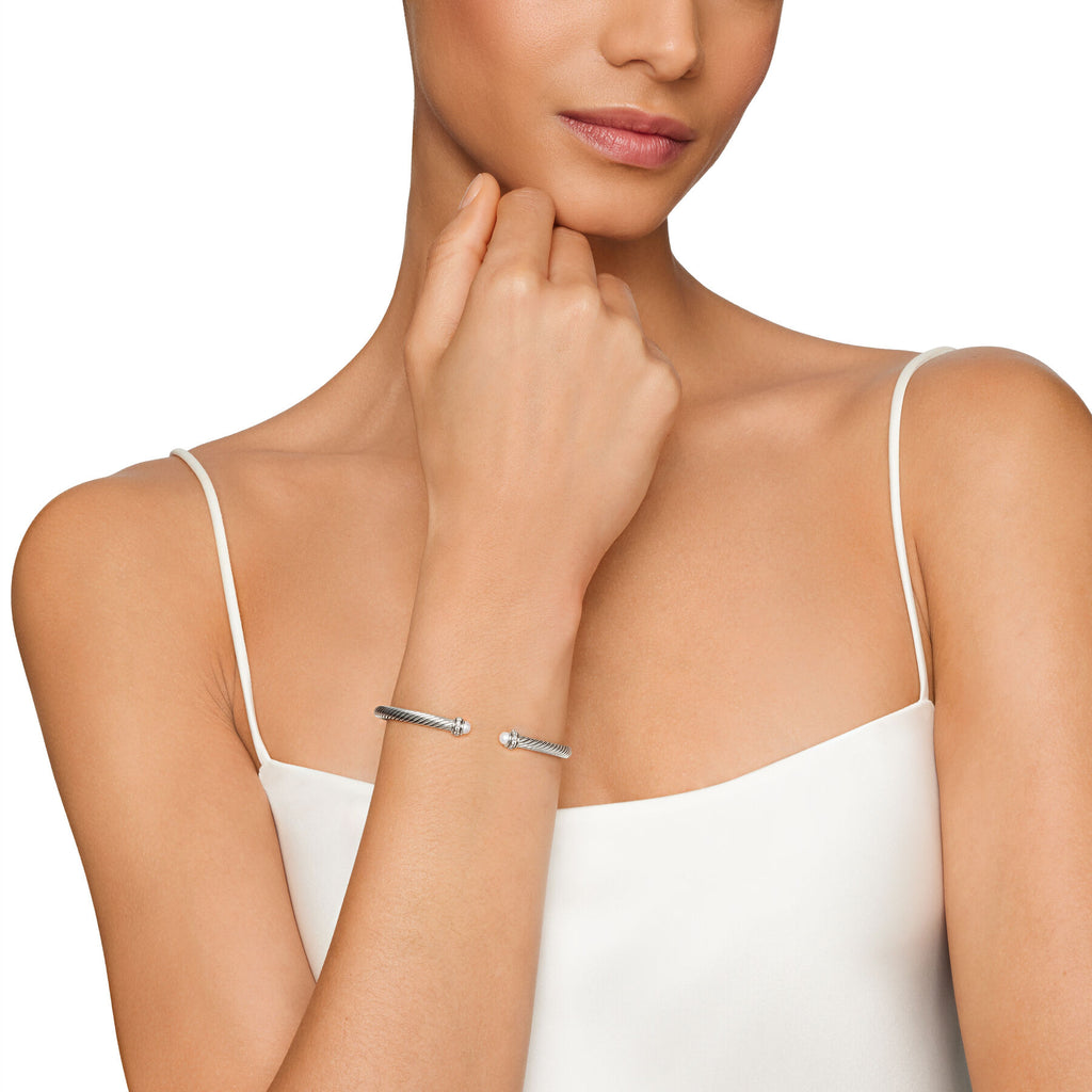 David Yurman Sterling Silver 4 mm Classic Cable Pearl Bracelet