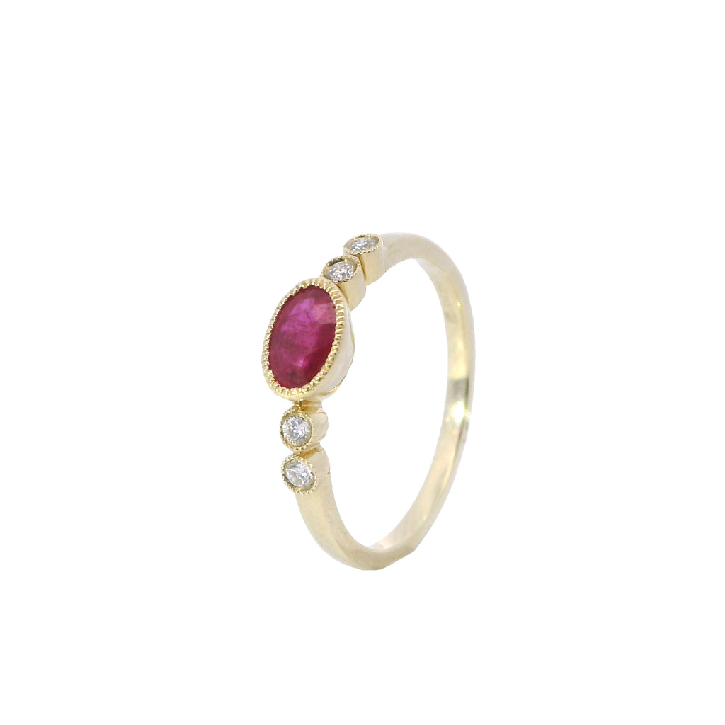 Yellow Gold Milgrain Bezel Ruby and Diamond Fashion Ring
