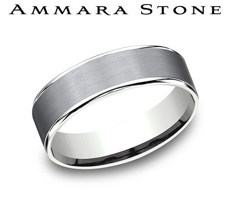 Ammara Stone White Gold and Grey Tantalum Comfort Fit Satin Grey Center Thin Polished Edge Wedding Band