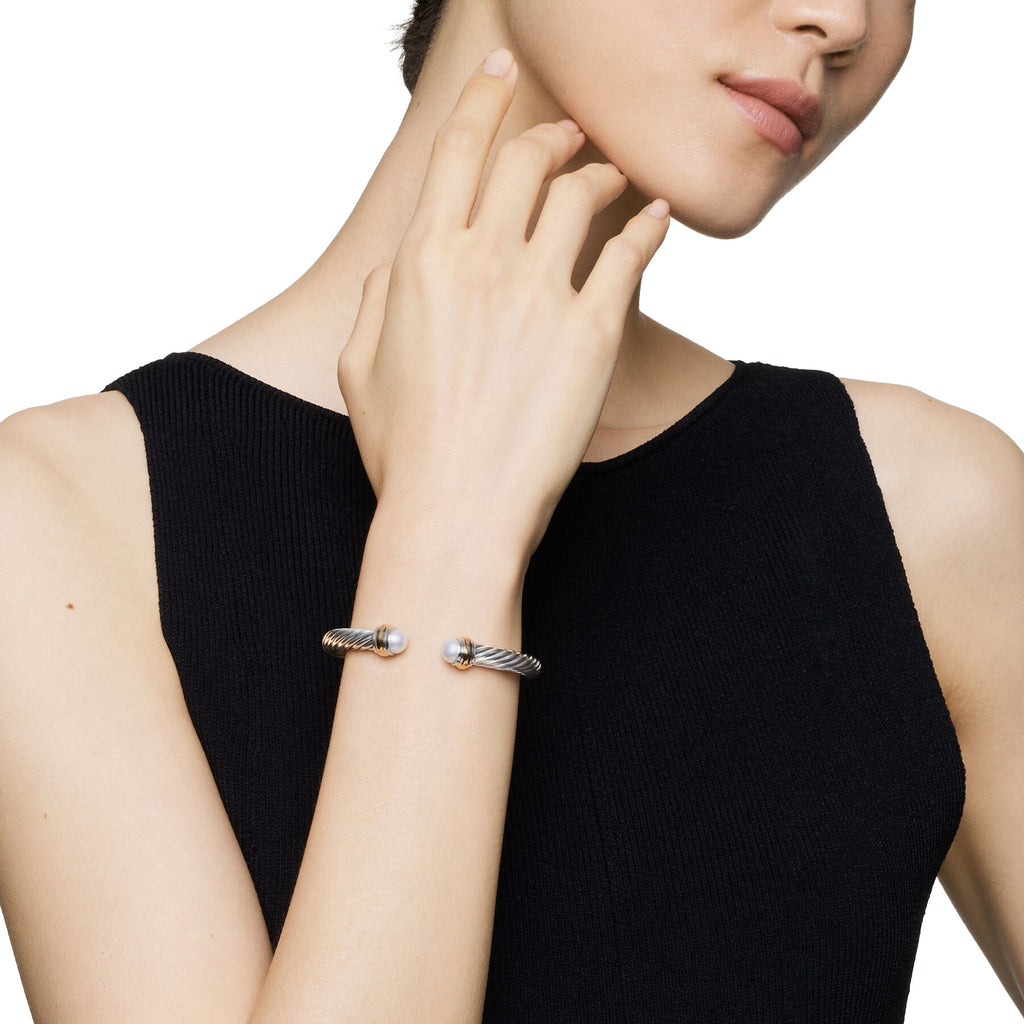 David Yurman Sterling Silver and Yellow Gold Classic Cable Pearl Bracelet