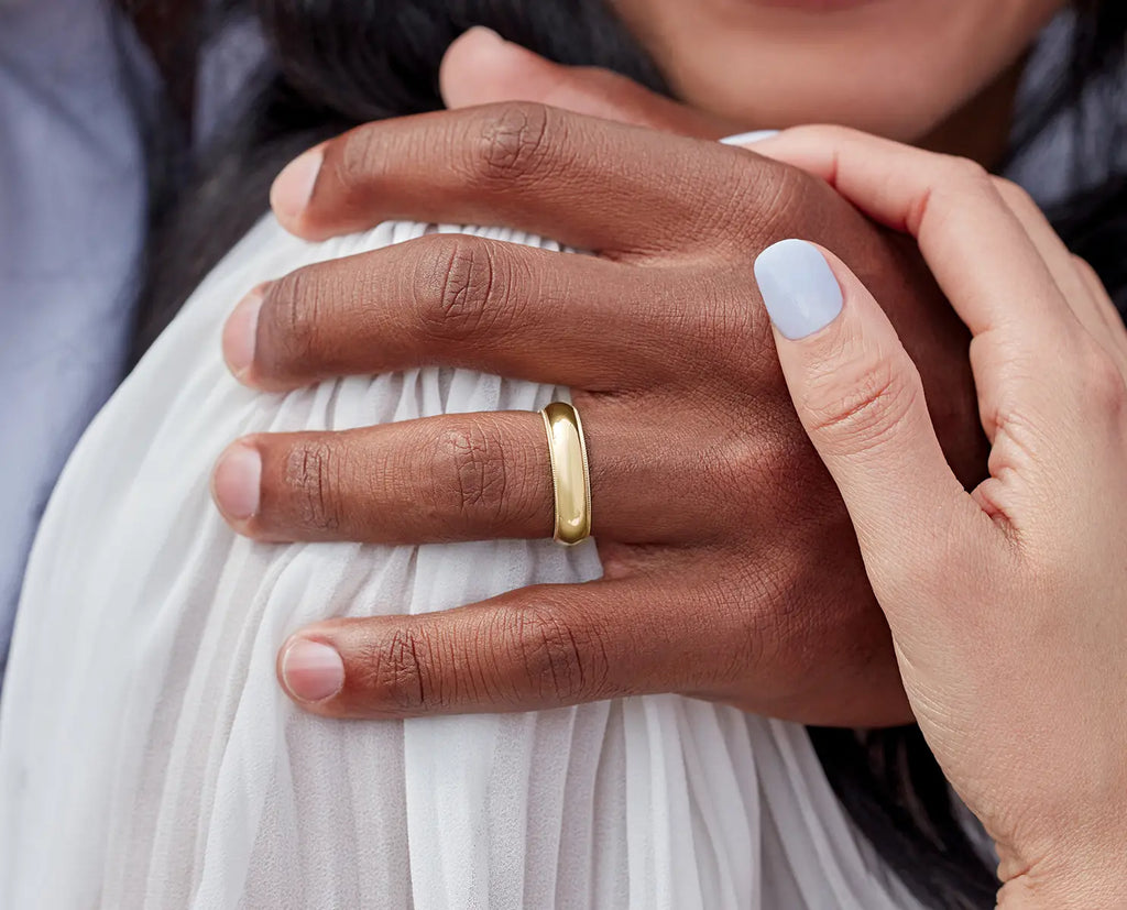 Gold wedding band on man's finger