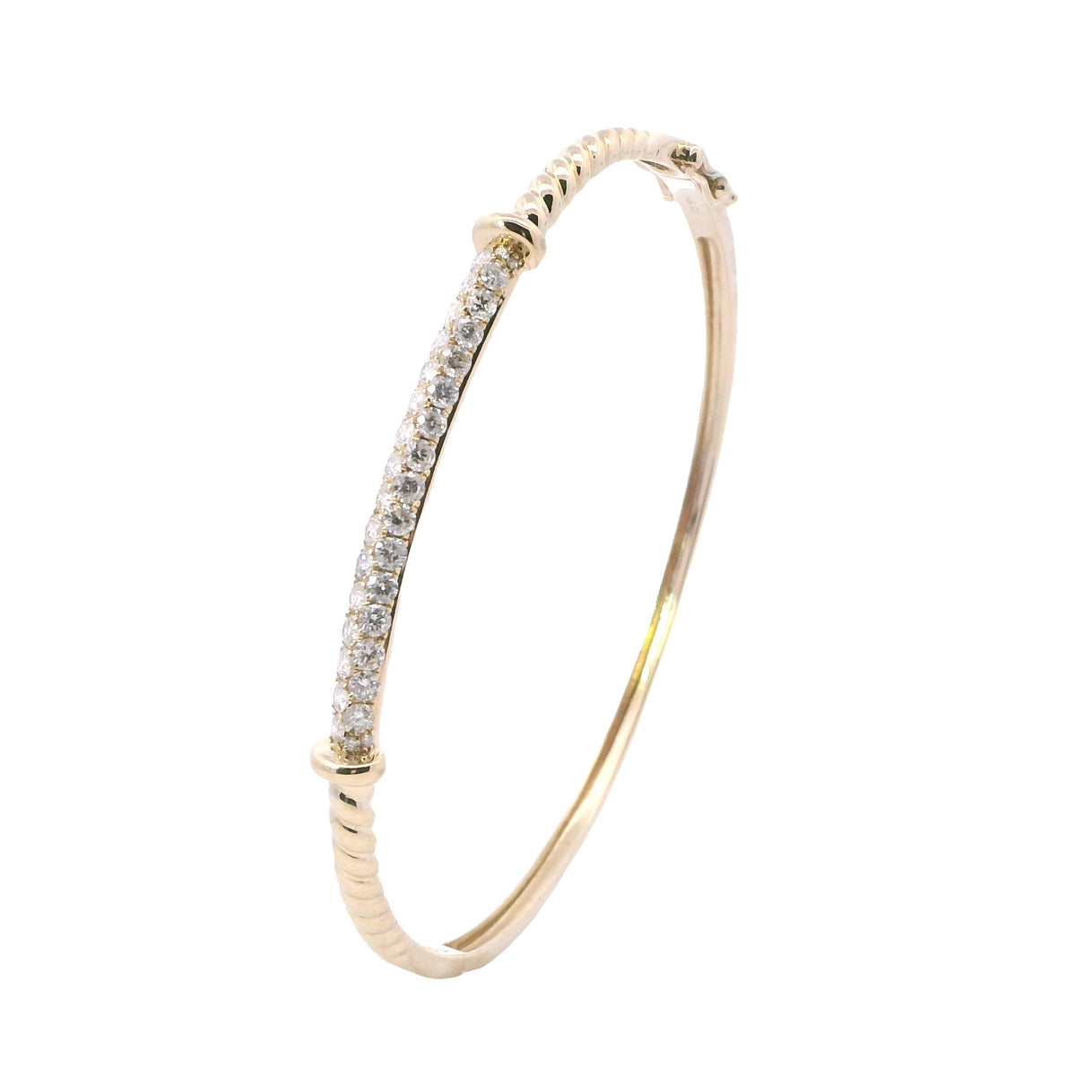 Yellow Gold Twist and Diamond Pave Bar Bangle Bracelet