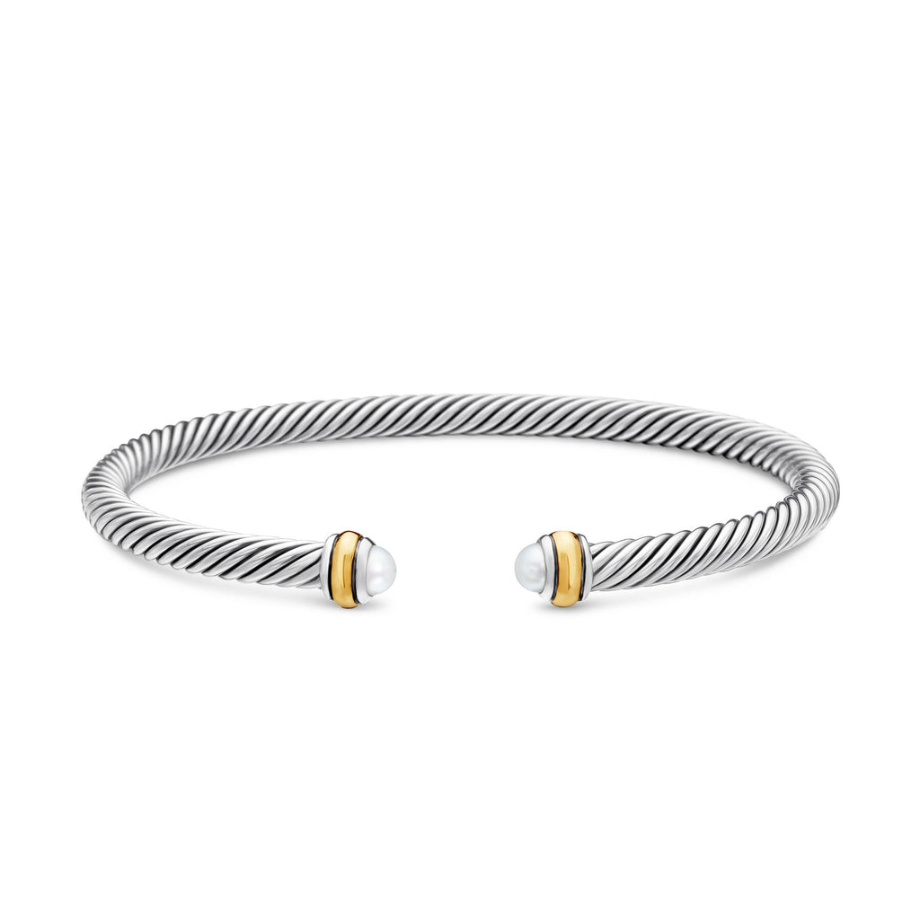 David Yurman Sterling Silver and Yellow Gold Classic Cable Pearl Bracelet