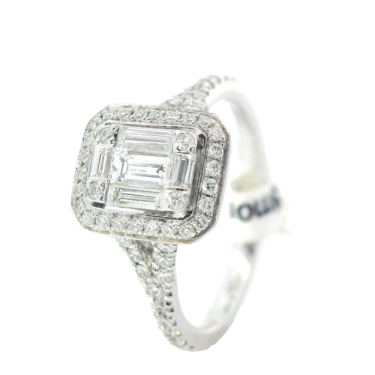 Simon G White Gold Round and Baguette Mosaic Diamond Engagement Ring