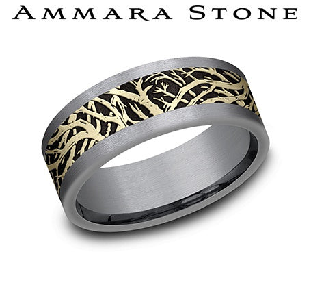 Ammara Stone Yellow Gold and Gray Tantalum Enchanted Forest Center Wedding Band
