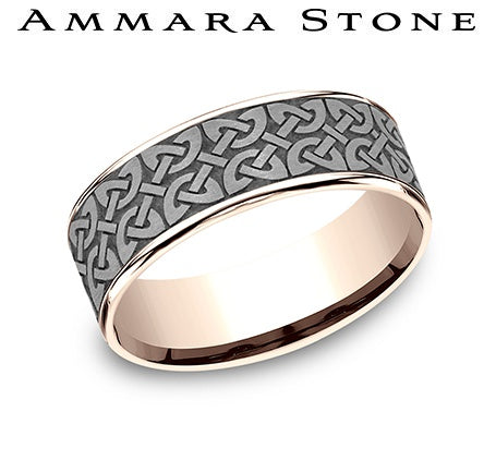 Ammara Stone Rose Gold and Grey Tantalum Comfort Fit Quaternary Knot Grey Center Thin Polished Edge Wedding Band