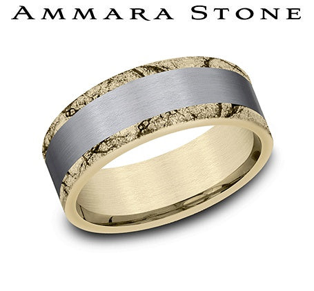 Ammara Stone Yellow Gold and Grey Tantalum Comfort Fit Satin Grey Center Marble Edge Wedding Band