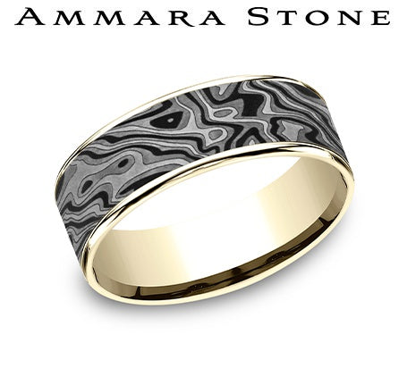 Ammara Stone Yellow Gold and Gray Tantalum Mokume Center Wedding Band