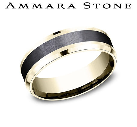 Ammara Stone Yellow Gold and Black Titanium Bevel Edge Satin Finish Wedding Band