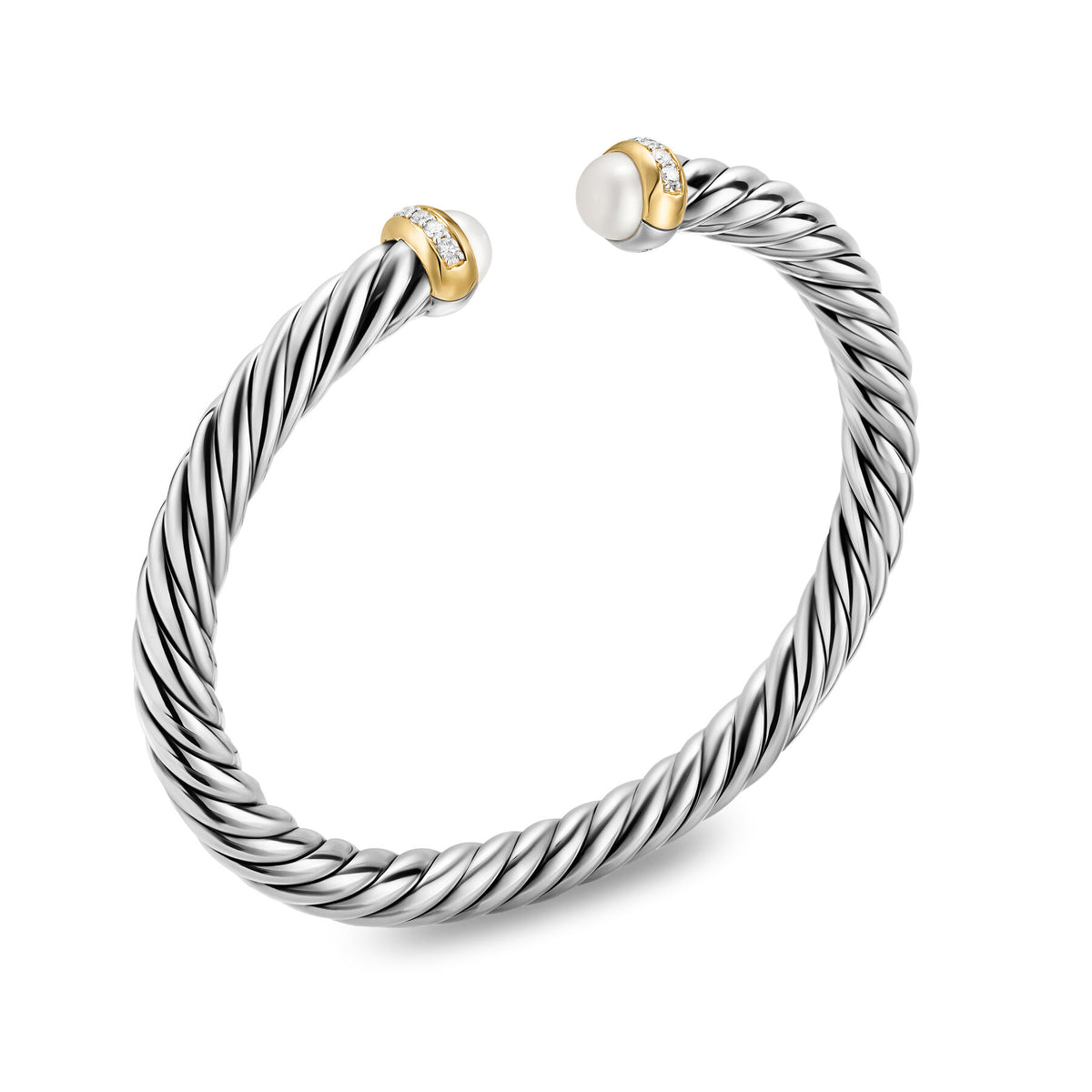 David Yurman Silver and Yellow Gold 6 mm Cable Flex Pearl and Diamond Bracelet