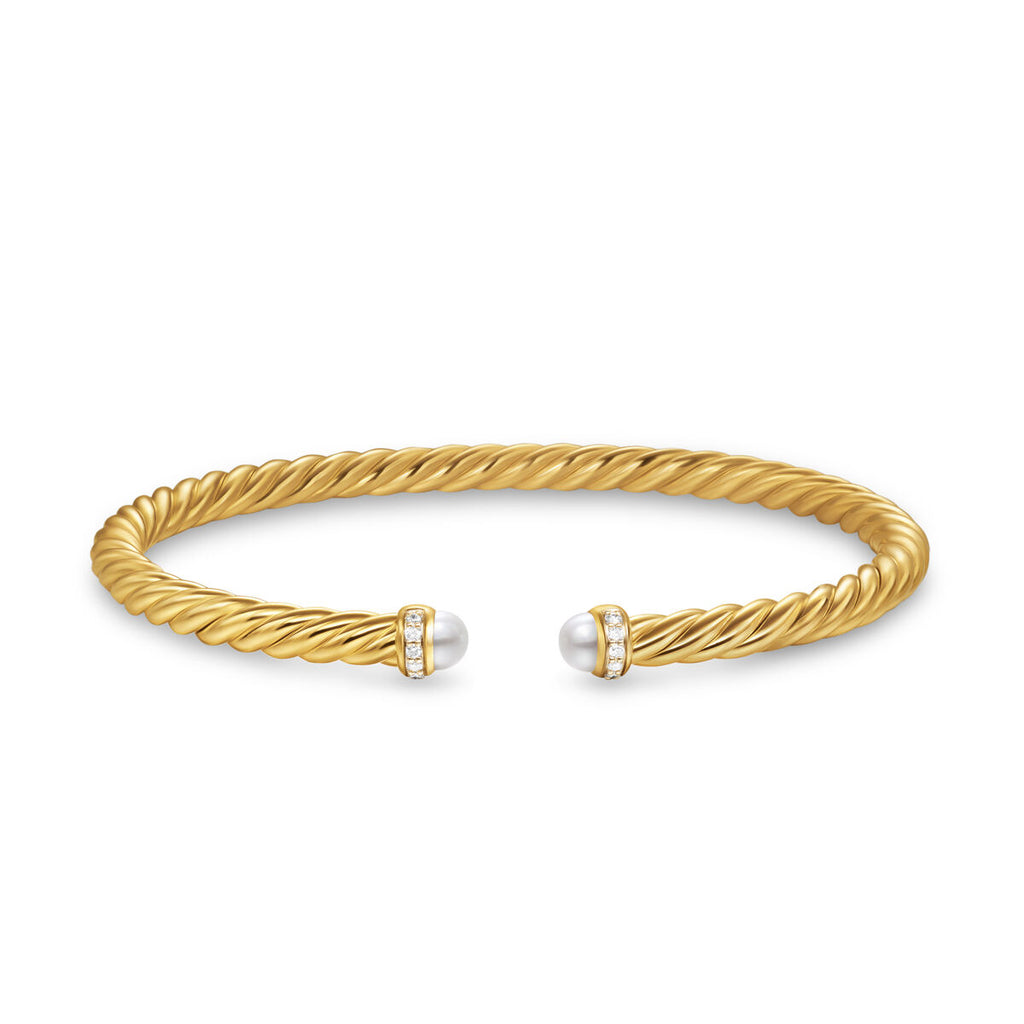 David Yurman Yellow Gold Cablespira Flex Pearl Bracelet with Diamonds