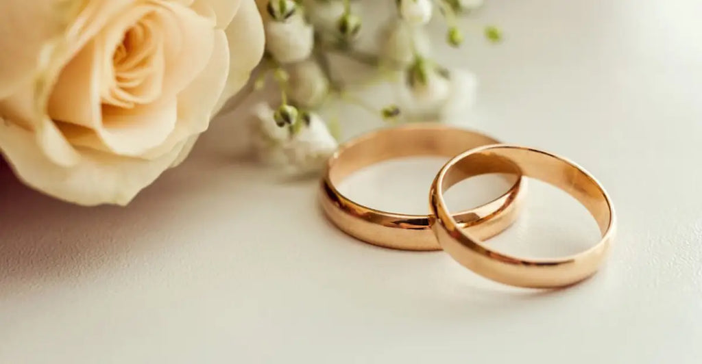 image of wedding bands and rose