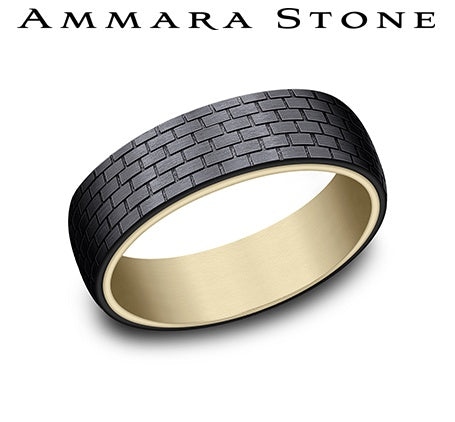 Ammara Stone Yellow Gold and Black Titanium Brick Design Wedding Band