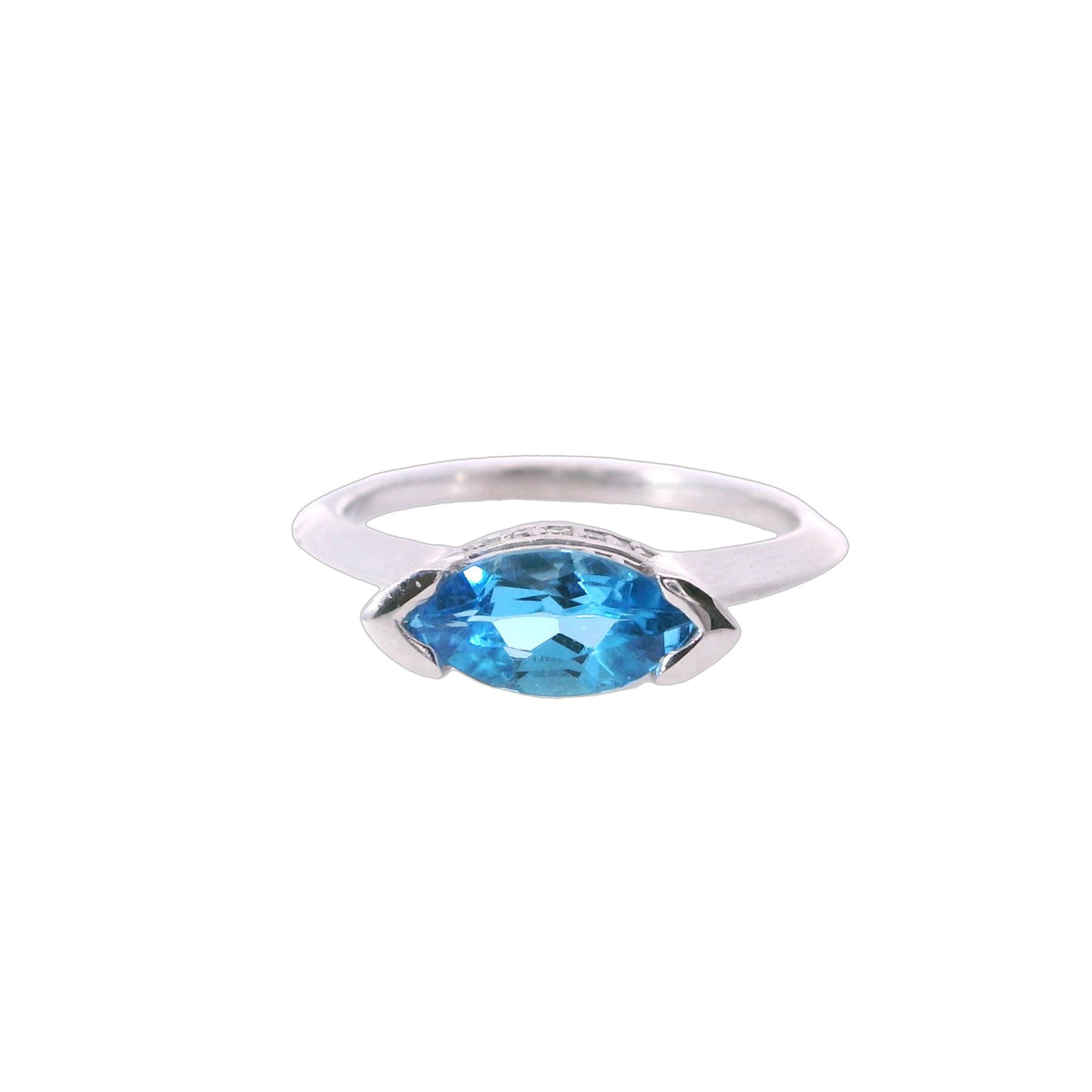 White Gold Estate East-West Marquise Blue Topaz Fashion Ring with Diamonds