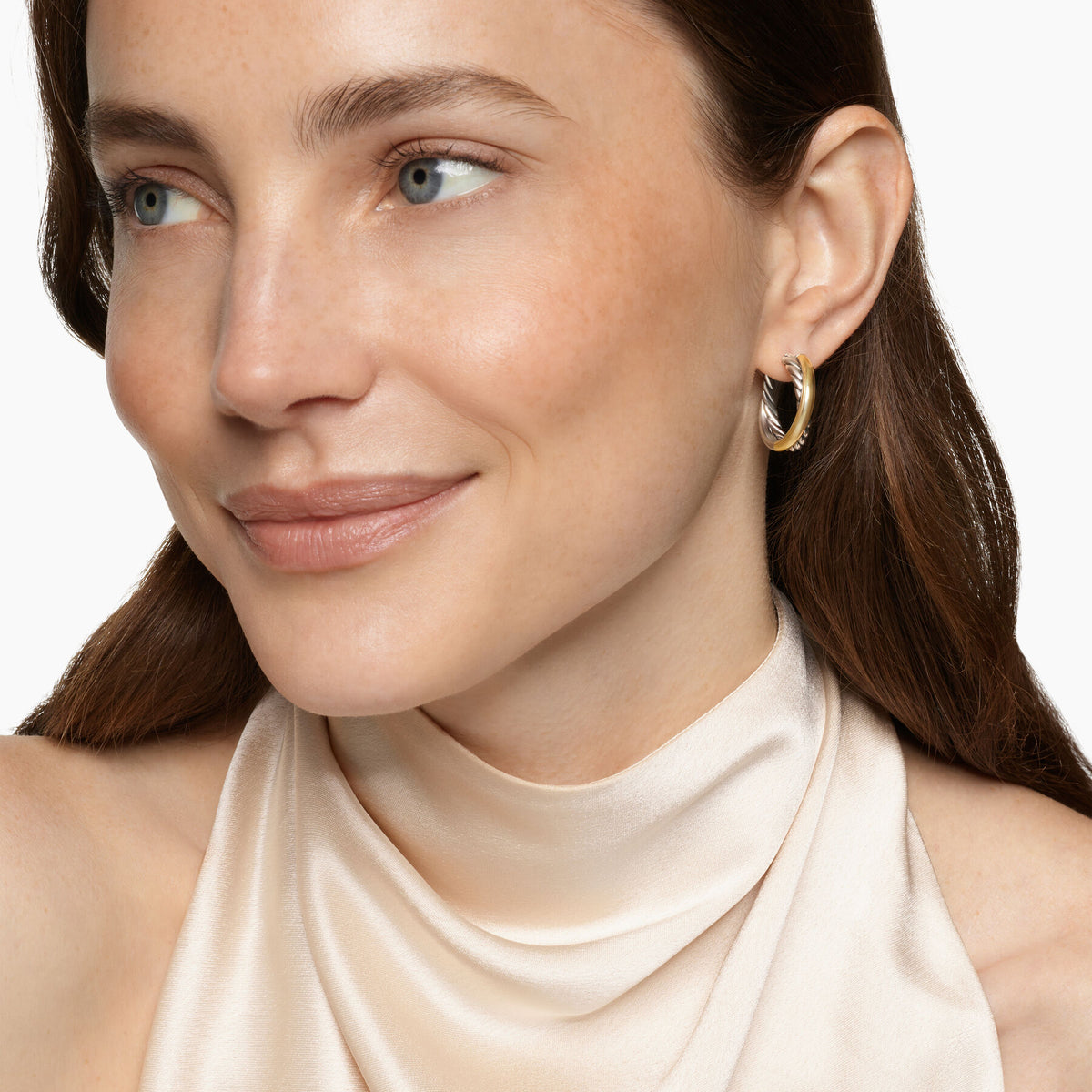 David Yurman Silver and Yellow Gold Crossover Hoop Earrings